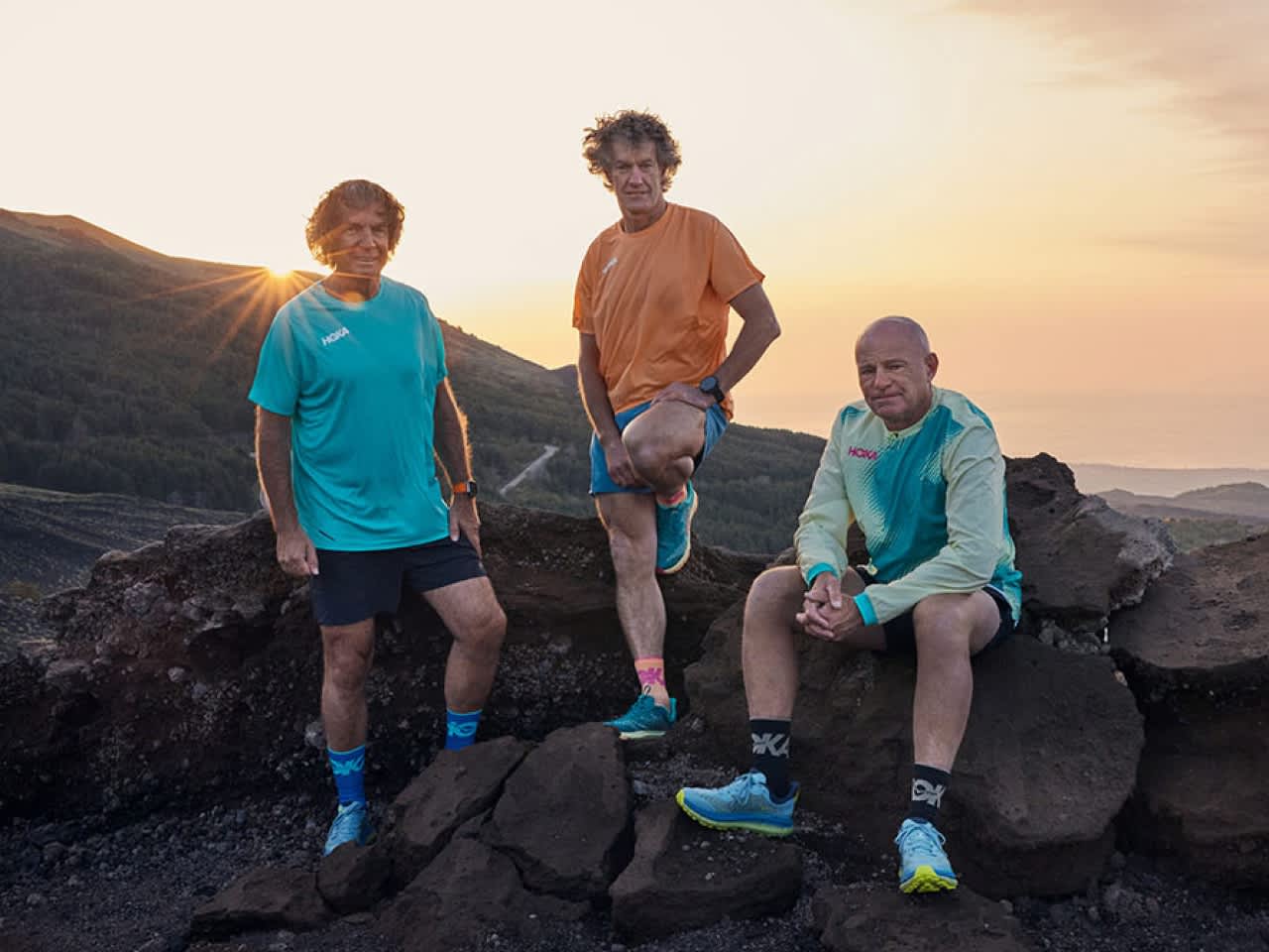 Portrait shot of the HOKA co-founders on Mount Etna