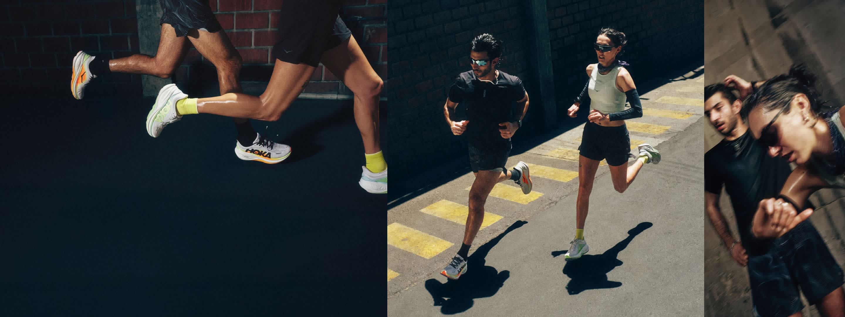 Three panels: close-up of running shoes, two individuals running, and two resting.