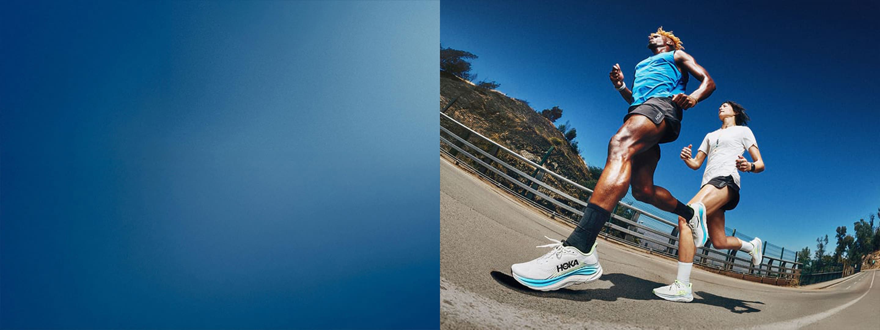 Three panels: close-up of running shoes, two individuals running, and two resting.