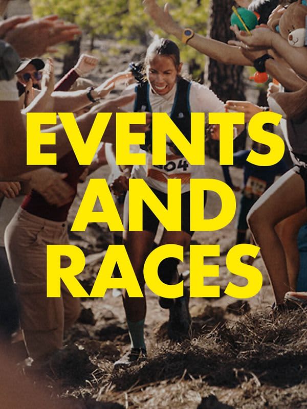 A person trail running, with the phrase 'Events and Races' centered in the middle.