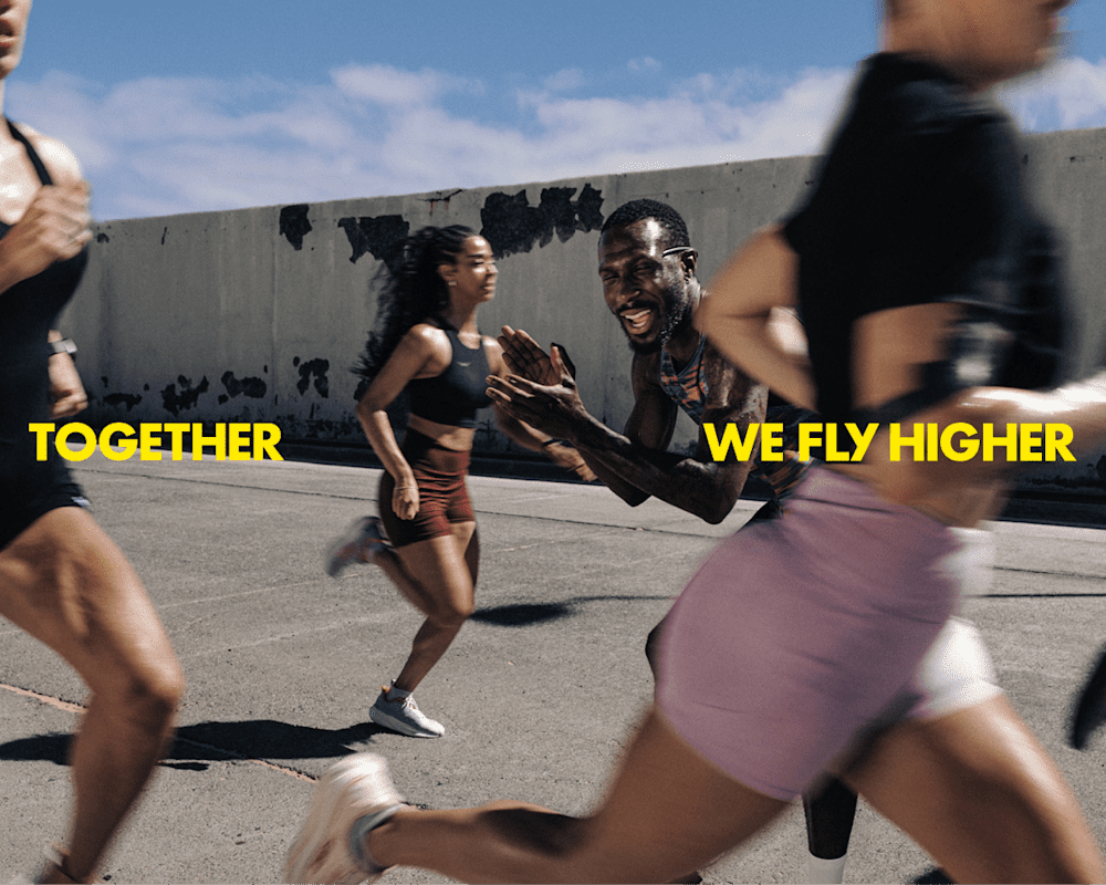 Parts of a HOKA shoe floating.