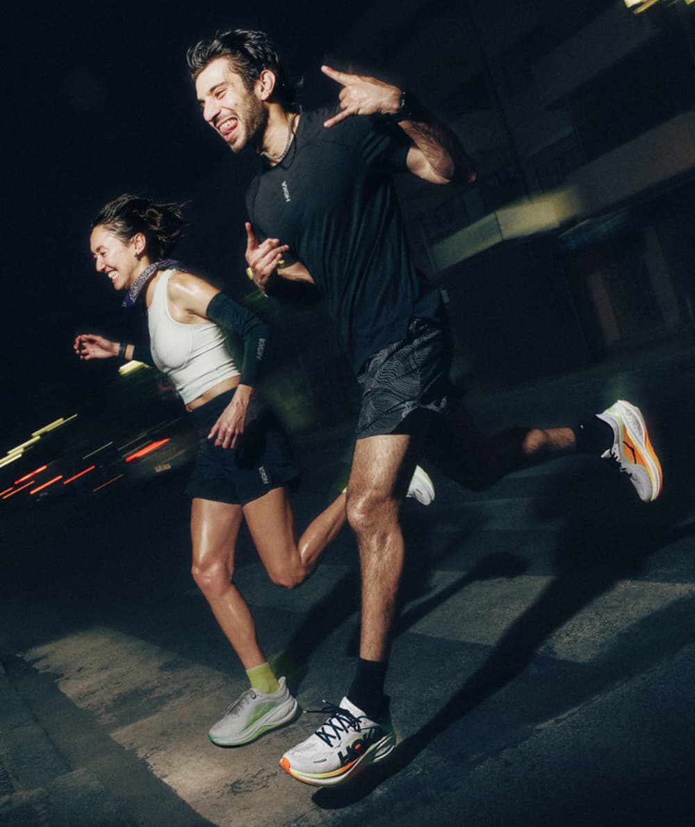 Parts of a HOKA shoe floating.