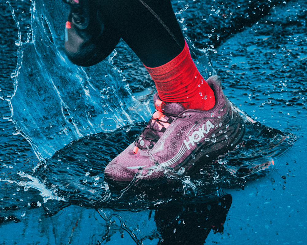 Split image of woman running and man crouching.