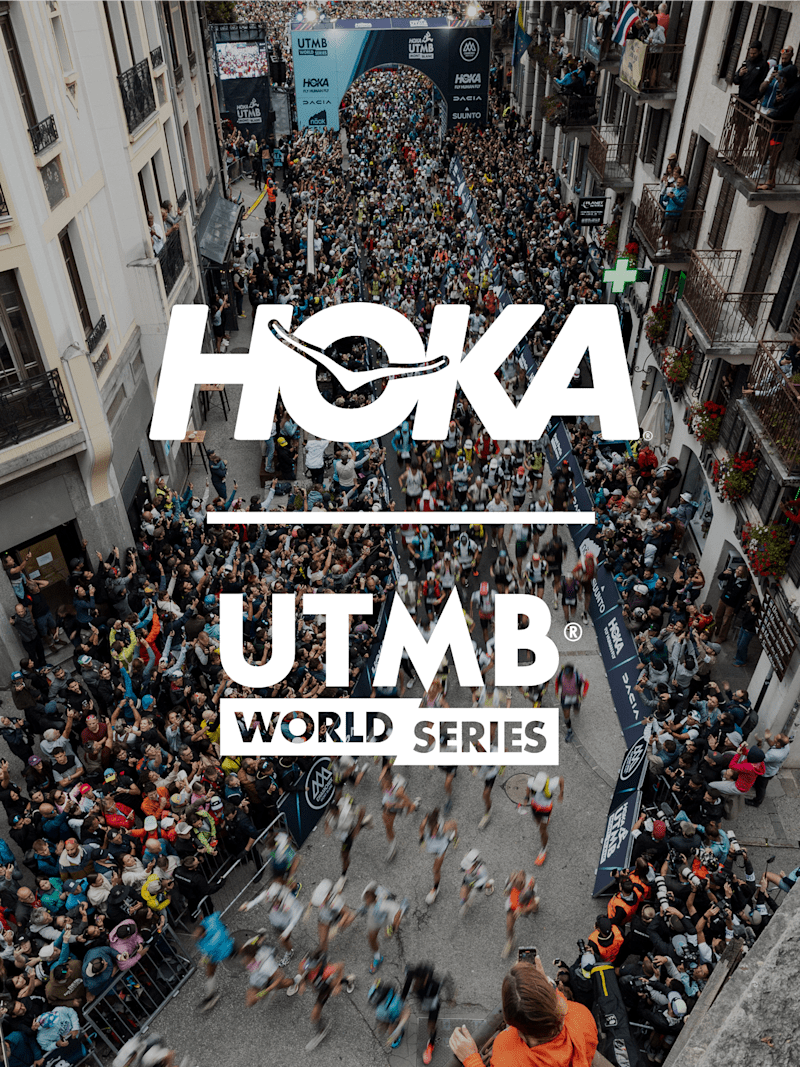 A sky view of the racers and audience, with the HOKA and UTMB World series logos.