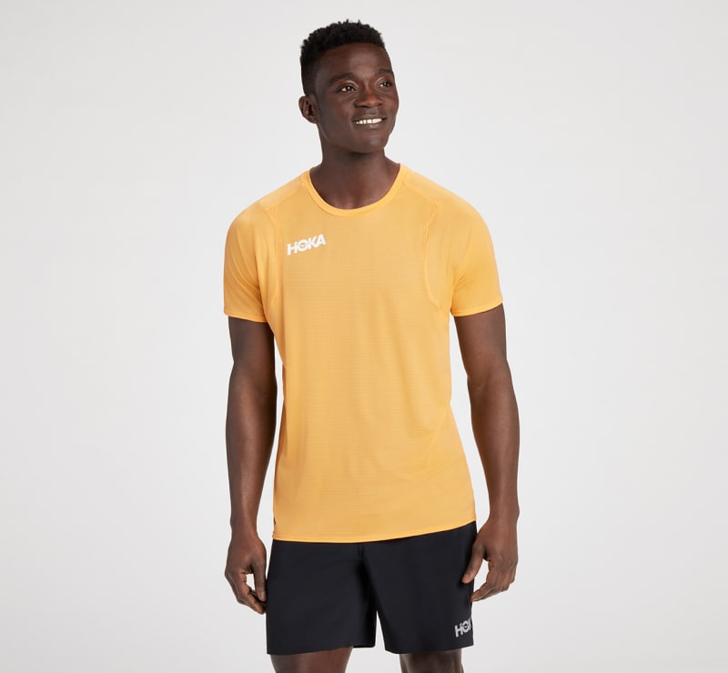 HOKA Men's Glide Short Sleeve Shirt in Mock Orange, Size XS