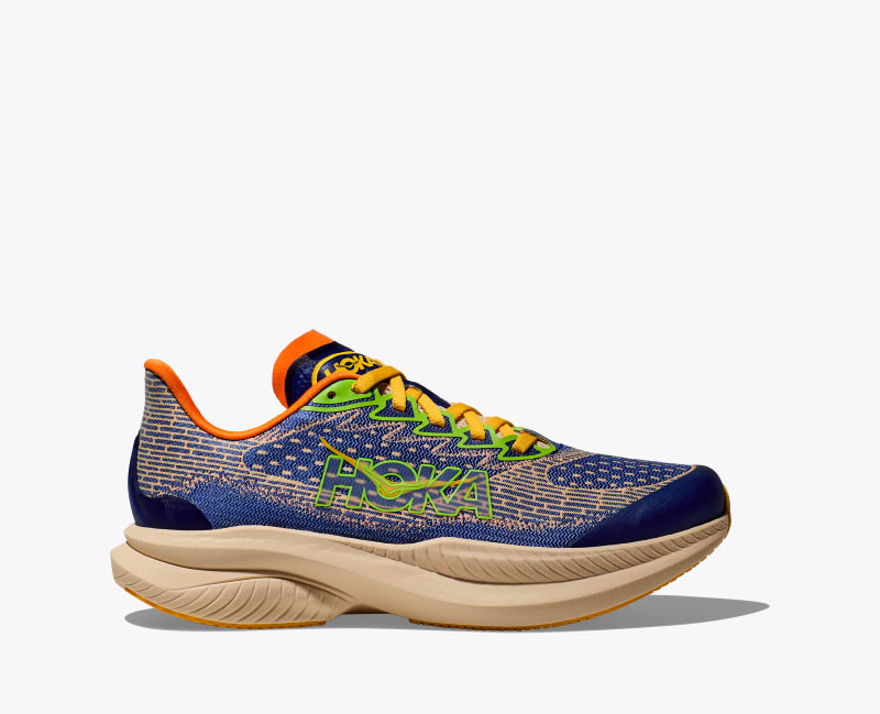 HOKA Mach 6 Shoes in Ultramarine/Electric Tangerine, Size 3.5Y