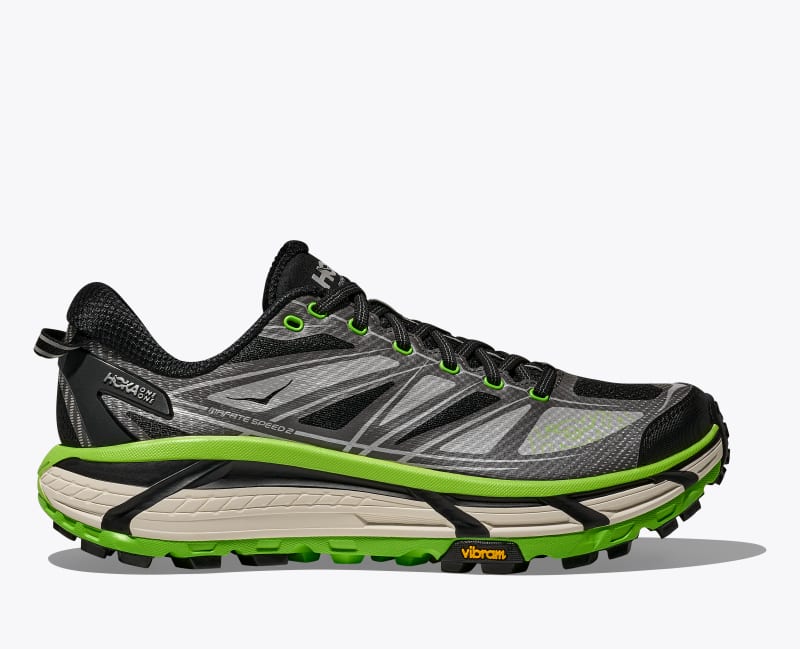 HOKA Mafate Speed 2 Shoes in Black/Electric Green, Size M 5.5/W 6.5