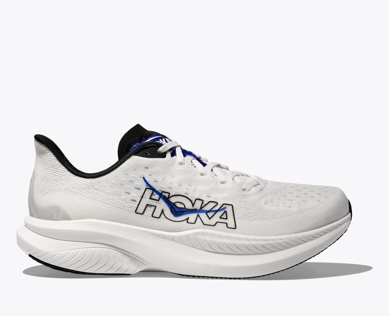HOKA Men's Mach 6 Shoes in White/Ultramarine, Size 7.5