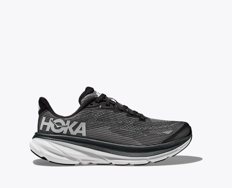 HOKA Clifton 9 Shoes in Black/White, Size 3.5Y