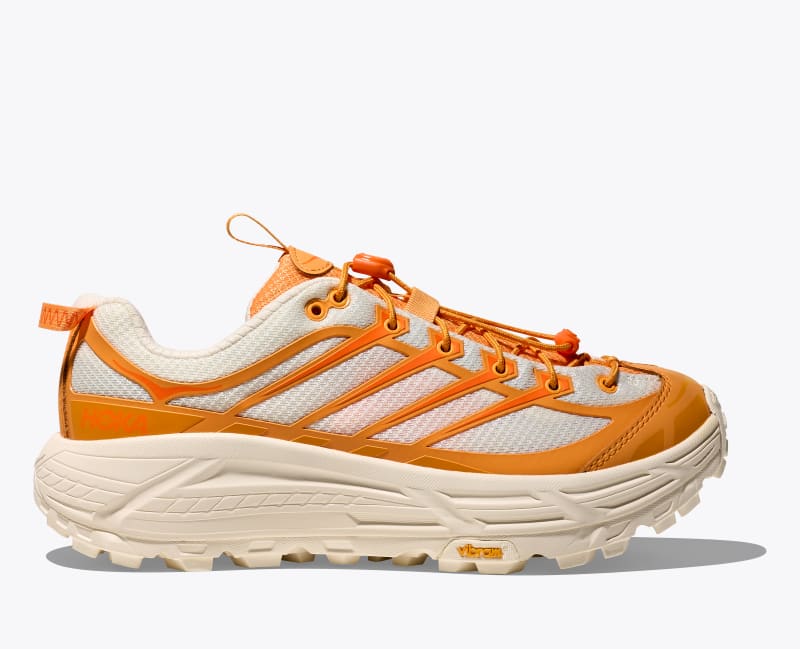 HOKA Mafate Three2 Shoes in Sun Coral/Alabaster, Size M 4.5/W 5.5
