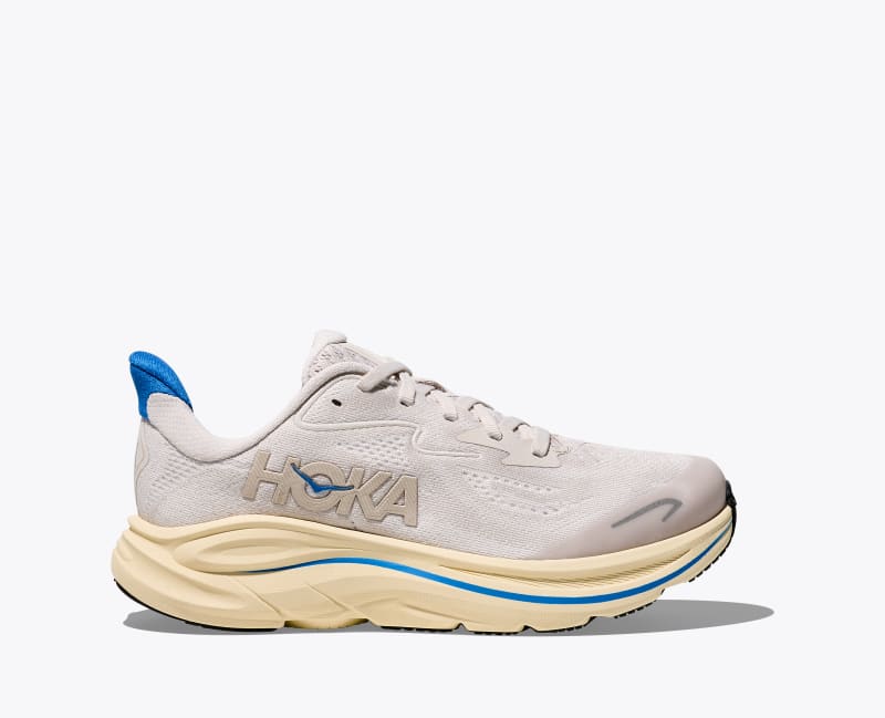 HOKA Clifton 10 Shoes in Stucco/Virtual Blue, Size 3.5Y