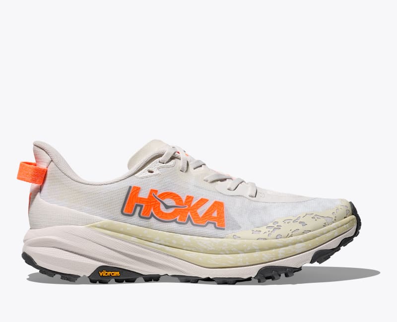 HOKA Men's Speedgoat 6 Shoes in White/Neon Tangerine, Size 7.5