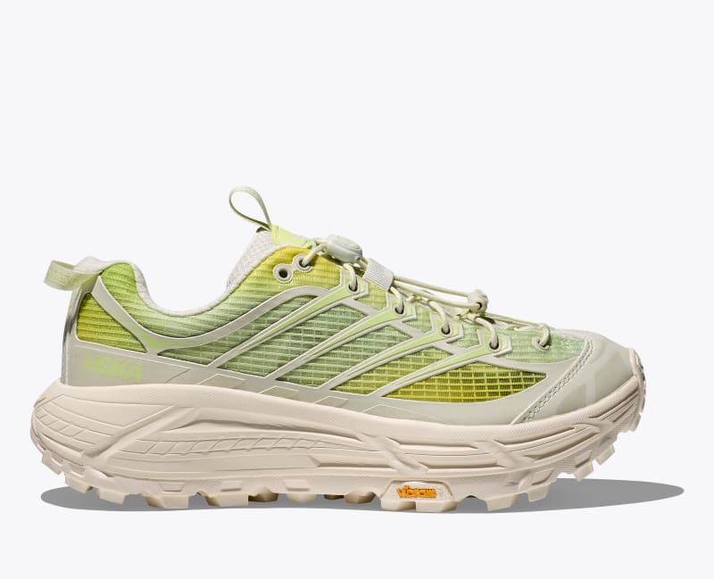 HOKA Mafate Three2 Shoes in Truffle Salt/Sour Lemon, Size M 4.5/W 5.5