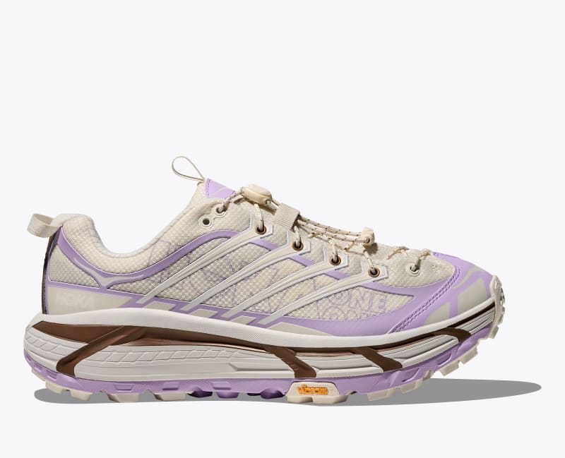 HOKA Mafate Three2 Shoes in Alabaster/Iris Flower, Size M 4.5/W 5.5