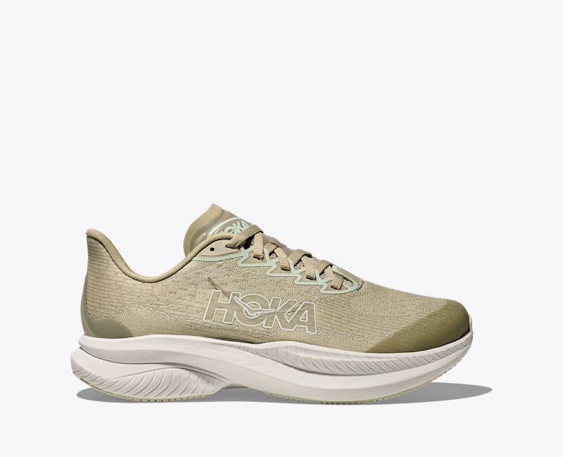 HOKA Mach 6 Shoes in Oyster Mushroom/Truffle Salt, Size 4.5Y