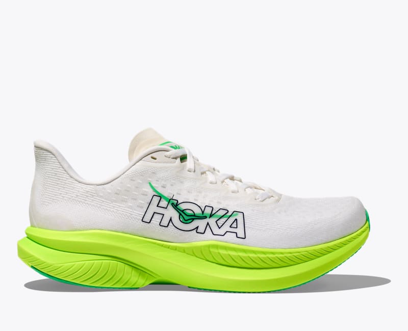 HOKA Men's Mach 6 Shoes in White/Neon Lime, Size 7.5