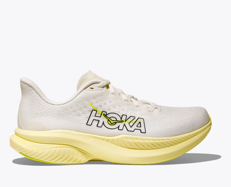 HOKA Women's Mach 6 Shoes in White/Neon Hoka Citrus, Size 5.5
