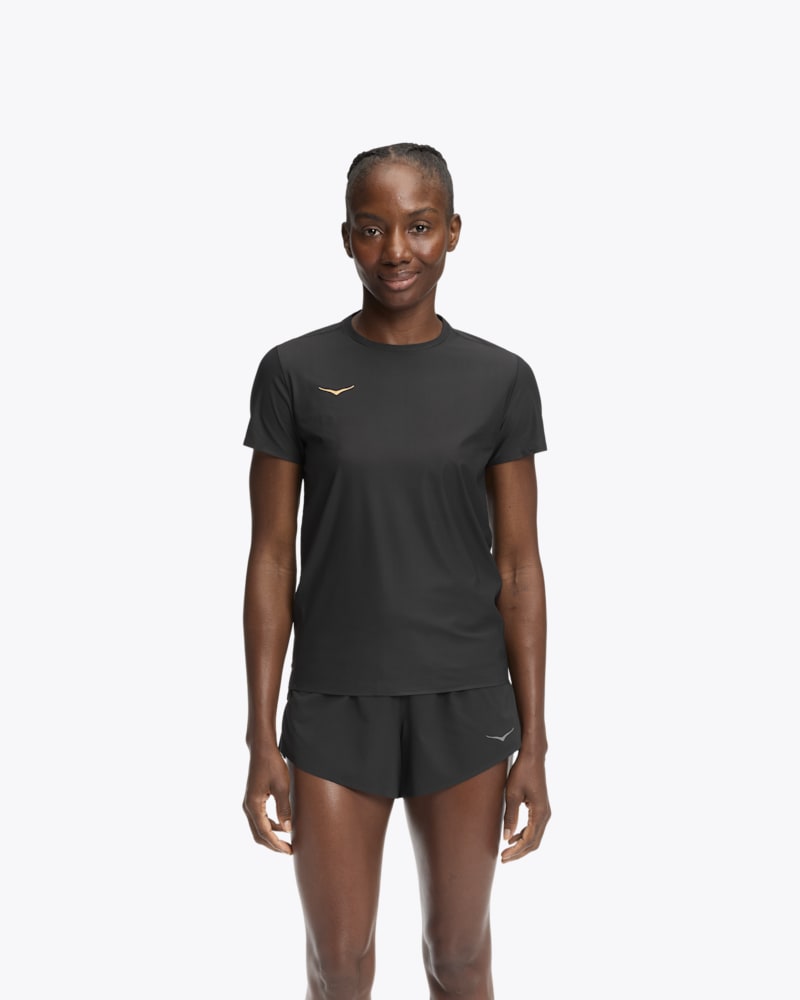 HOKA Women's Airolite Short Sleeve 2.0 Shirt in Black/Gold, Size Large