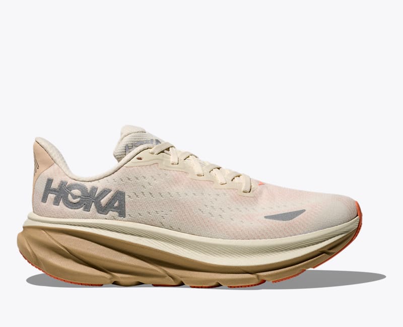 HOKA Women's Clifton 9 GTX Shoes in Eggshell/Khaki, Size 9