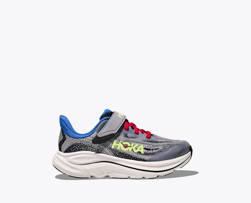 HOKA Clifton 10 Shoes in Foggy Grey/Black, Size 2.5K