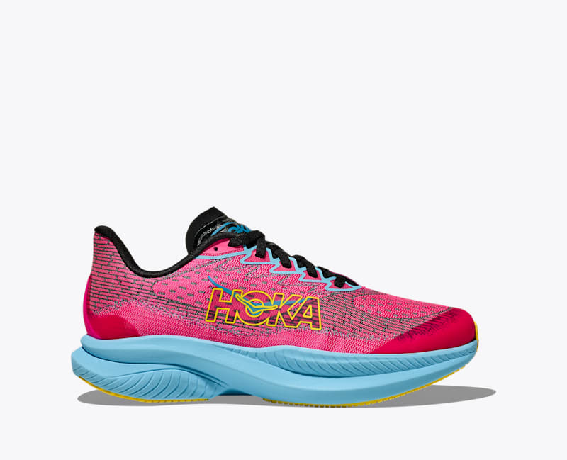 HOKA Mach 6 Shoes in Neon Dragonfruit/Waterpark, Size 7Y