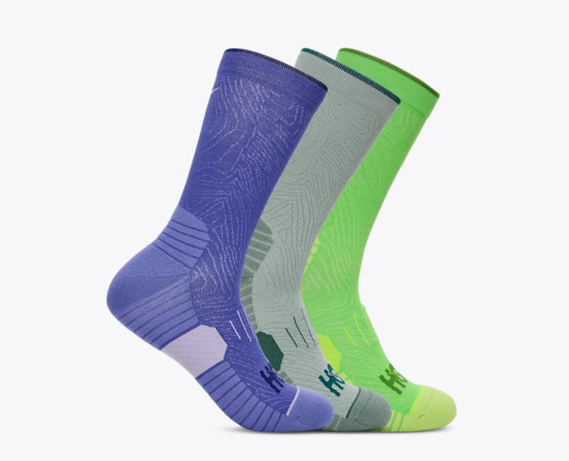HOKA Crew Run Sock 3-Pack in Celestial Blue/Sage/Neon Green, Size Small