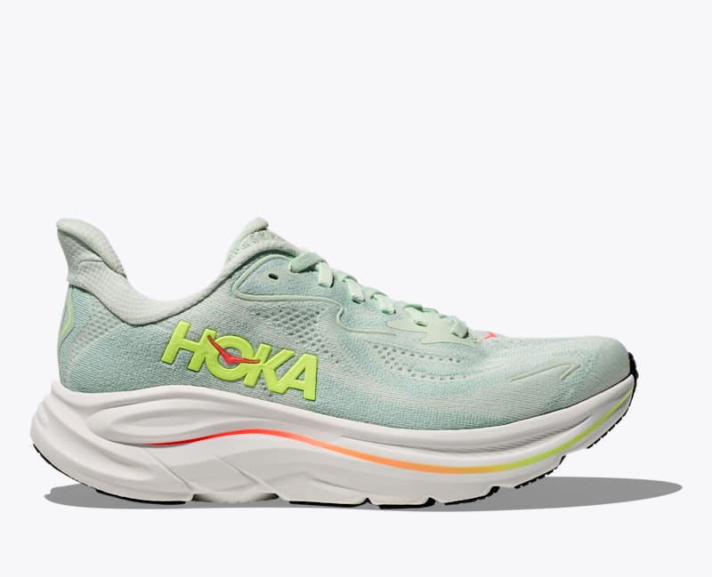 HOKA Women's Clifton 10 Shoes in Sea Glass/Neon Flame, Size 6