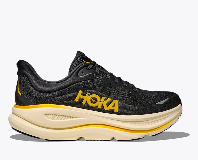 HOKA Men's Bondi 9 Shoes in Carbon Black/Yellow Gold, Size 9.5 XW