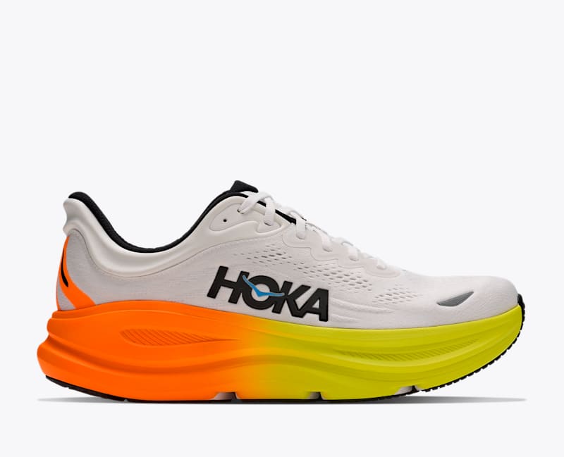HOKA Men's Bondi 9 Shoes in White/Neon Tangerine, Size 11