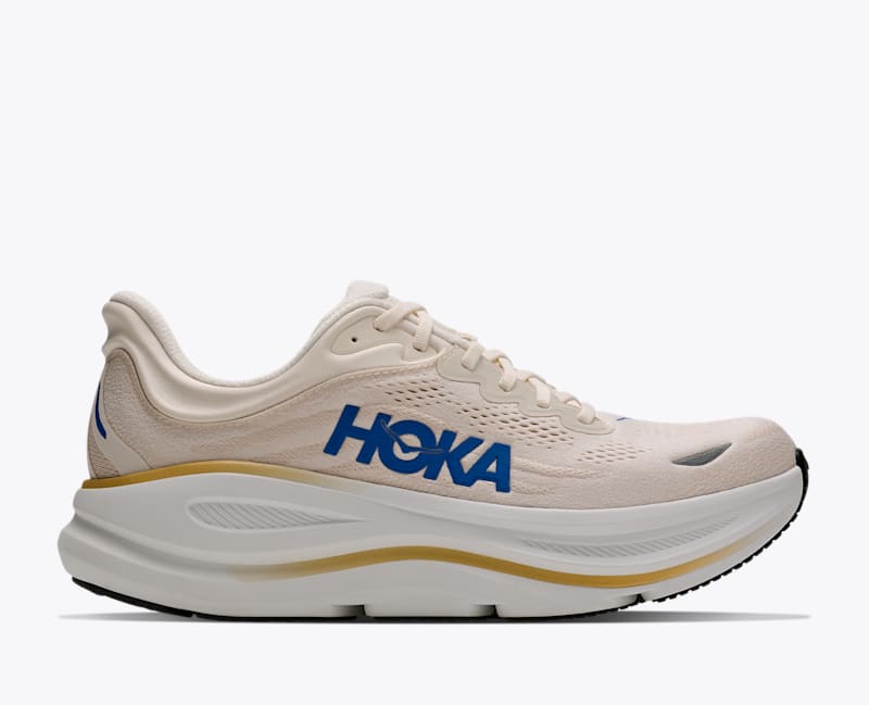 HOKA Men's Bondi 9 Shoes in Whisper White/Fort Knox, Size 8.5 W