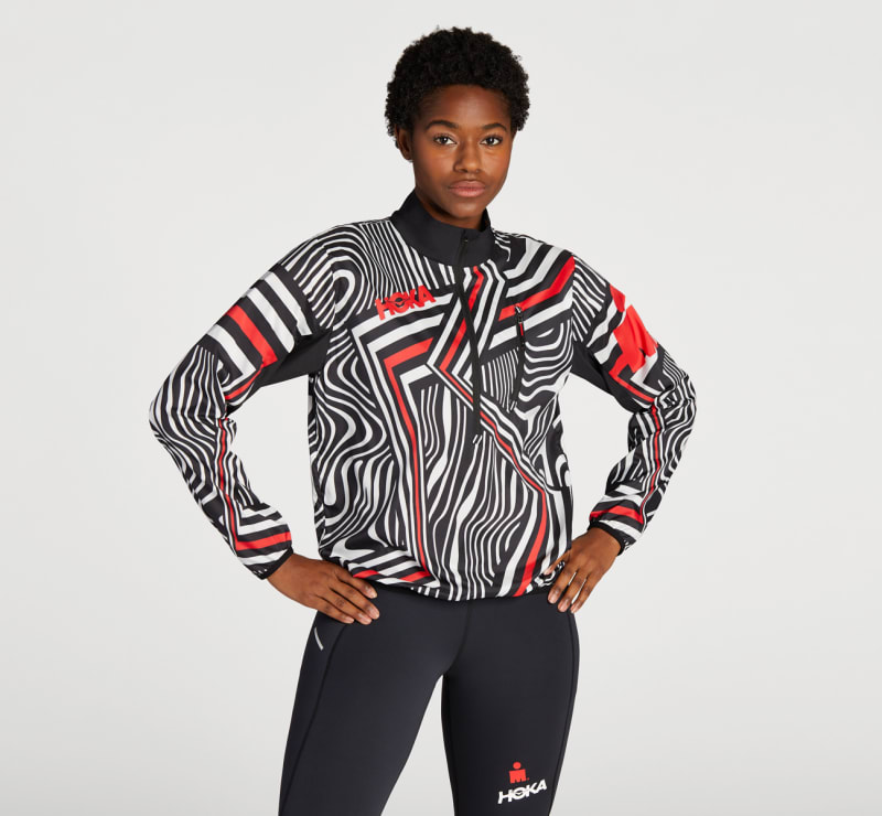 HOKA Women's IRONMAN Wind-Resistant Jacket in Black/White/Ironman Red, Size XS