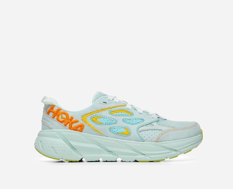 HOKA Men's Clifton L Embroidery Walking Shoes in Blue Glass/Radiant Yellow, Size 9