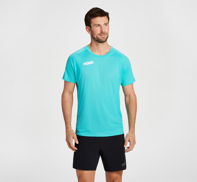 HOKA Glide Short Sleeve voor Heren in Ceramic, maat M | Shirts Met Korte Mouwen