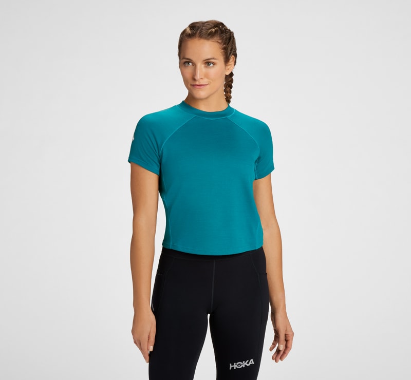 HOKA Women's Midweight Merino Blend Short Sleeve in Deep Lake, Size XL