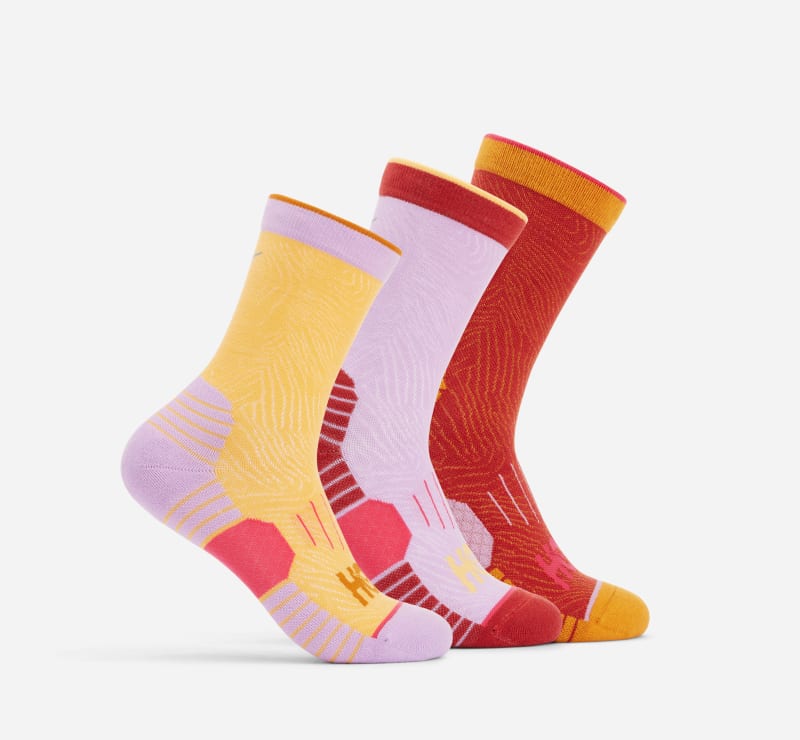 HOKA Lot de trois paires de chaussettes de running mi-hautes en Rust/Amber Haze/Violet Bloom Taille XL