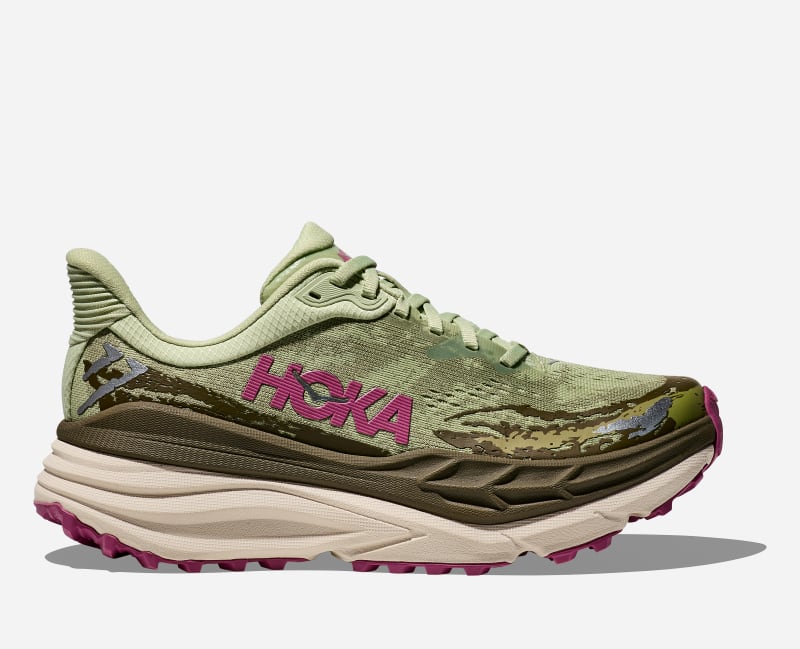 HOKA Women's Stinson 7 Trail Shoes in Seed Green/Beet Root, Size 4.5