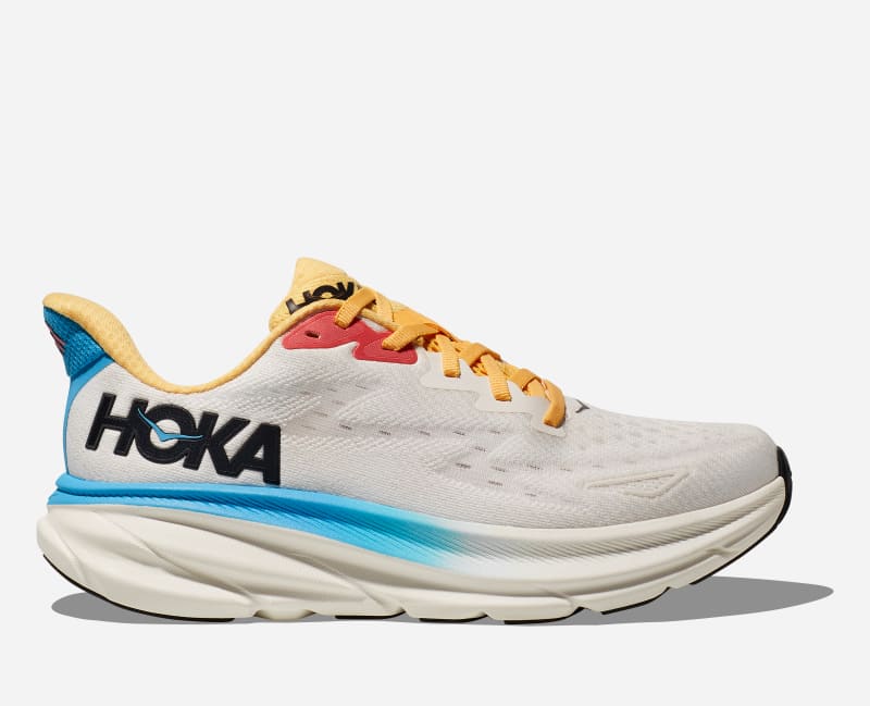HOKA Women's Clifton 9 Road Running Shoes in Blanc De Blanc/Swim Day, Size 10.5