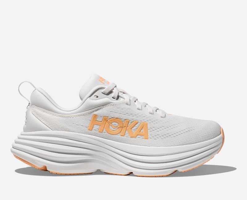 HOKA Women's Bondi 8 Road Running Shoes in White/Cantaloupe, Size 3.5
