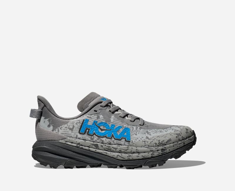 HOKA Kid's Speedgoat 6 Trail Shoes in Galactic Grey/Hoka Blue, Size 5