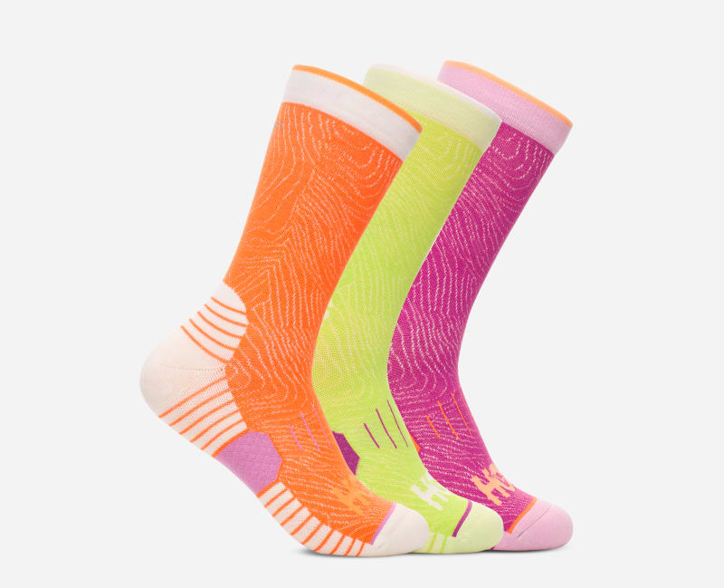 HOKA Crew Run Sock 3-Pack in Elctrc Tgrine/Lettuce/Fuschia, Size XL