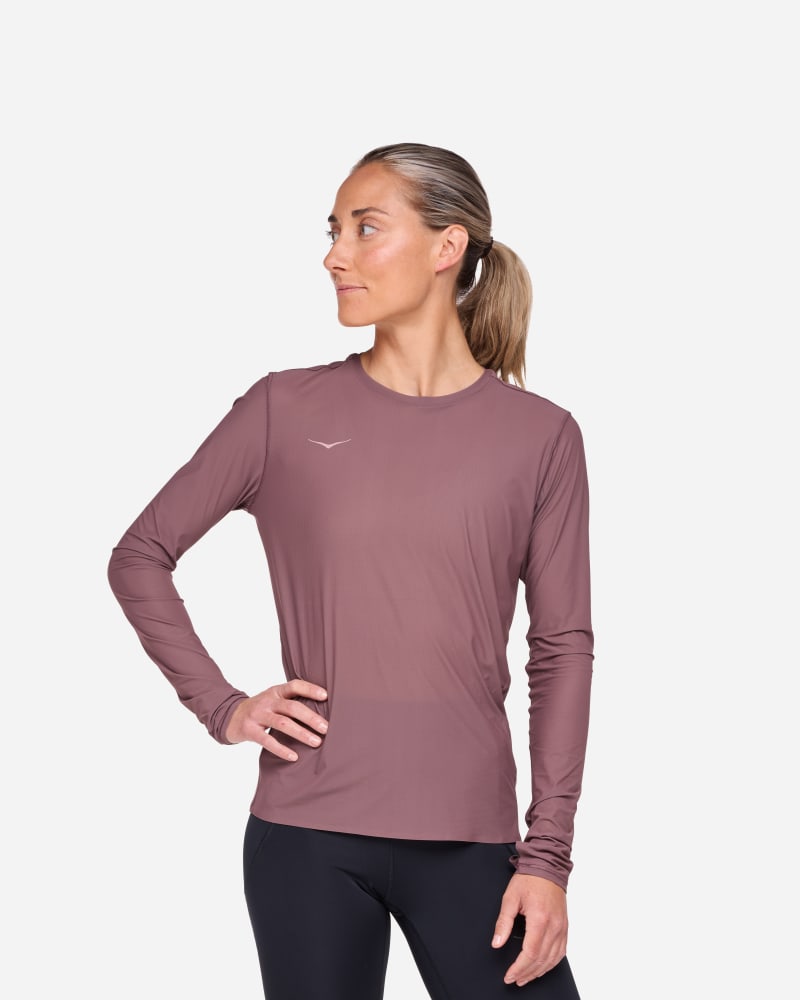 HOKA Women's Airolite Run Long Sleeve in Smokey Quartz, Size Large