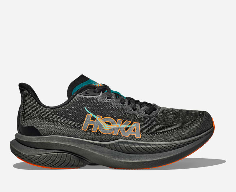 HOKA Men's Mach 6 Road Running Shoes in Black/Electric Tangerine, Size 8