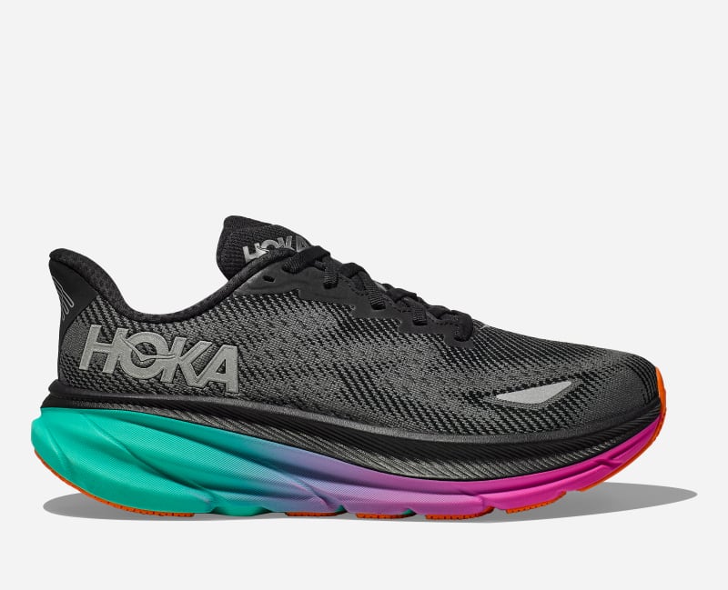 HOKA Men's Clifton 9 Gore-Tex Shoes in Black/Electric Aqua, Size 44