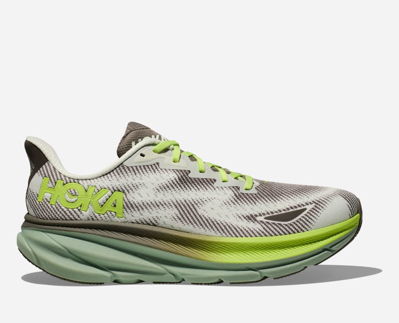 HOKA Men's Clifton 9 Gore-Tex Shoes in Slate Grey/Aloe Vera, Size 40 2/3