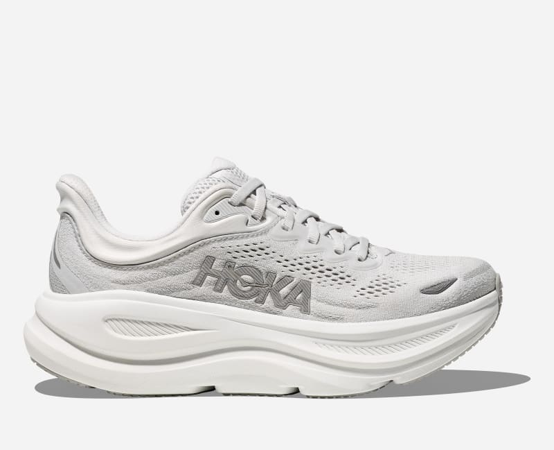 HOKA Women's Bondi 9 Shoes in Stardust/Silver, Size 40