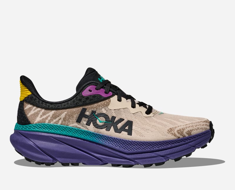 HOKA Men's Challenger 7 Trail Running Shoes in Oatmeal/Mountain Iris, Size 40