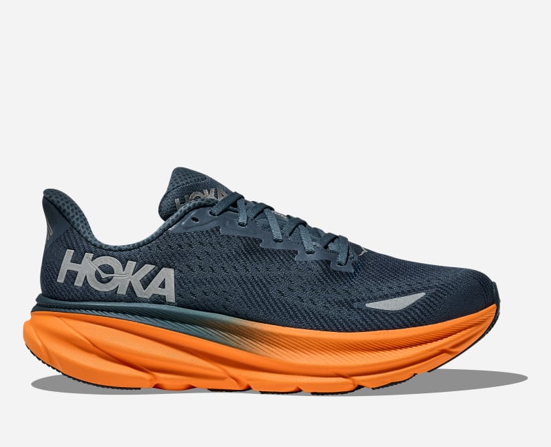 HOKA Men's Clifton 9 Gore-Tex Shoes in Stormy Skies/Orange Zest, Size 44