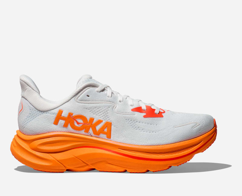 HOKA Men's Clifton 10 Shoes in Frost/Orange Zest, Size 46