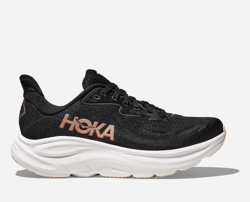 HOKA Women's Clifton 10 Shoes in Black/Rose Gold, Size 38