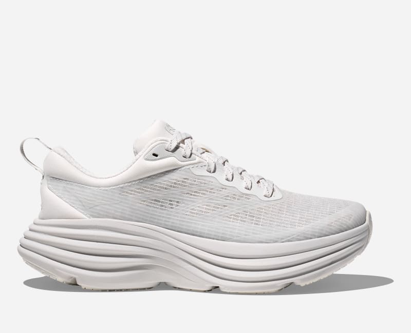 HOKA Stealth/Tech Bondi 8 Caged Lifestyle Shoes in White/Cosmic Grey, Size 9.5